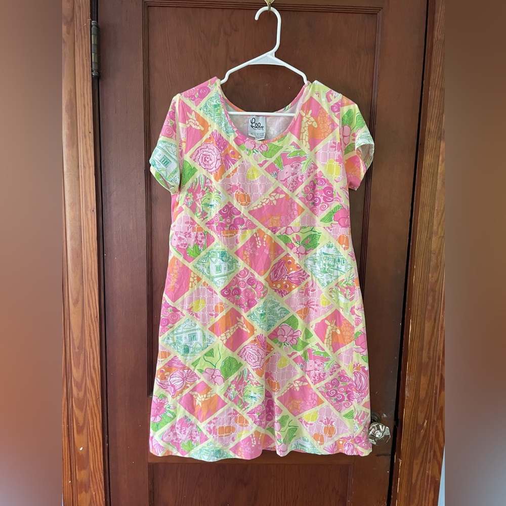 VINTAGE XL LILLY PULITZER PATCHWORK ZOO ANIMALS SHORT SLEEVE T-SHIRT DRESS